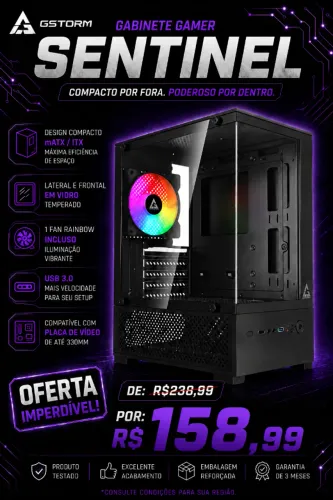 Gabinete GStorm Sentinel, mATX / ITX, Vidro Temperado, Sem Fonte, 1 Fan Rainbow, USB 3.0,