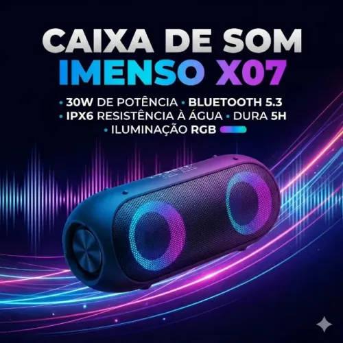 Caixa de Som X07 30W Bluetooth 5.3 IPX6 Dura 5H RGB Som Potente e Iluminação RGB