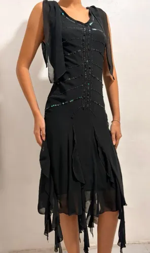 Vestido Vintage, Preto, Midi, Com precária e paetês