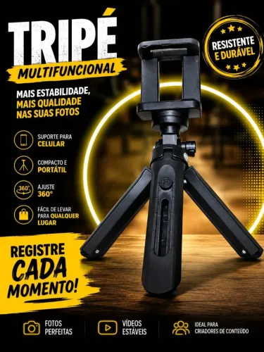 "Estabilize suas fotos, grave vídeos e faça lives incríveis com o Mini Tripé Portátil!"
