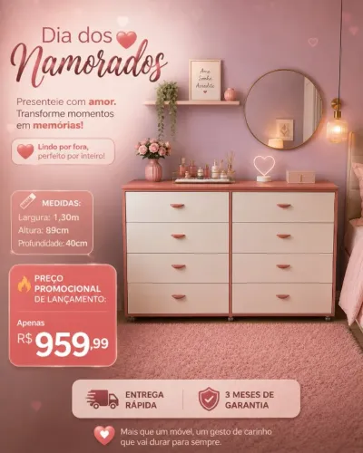 Comoda de 8 gavetas com rodinhas de silicone nova no mdf