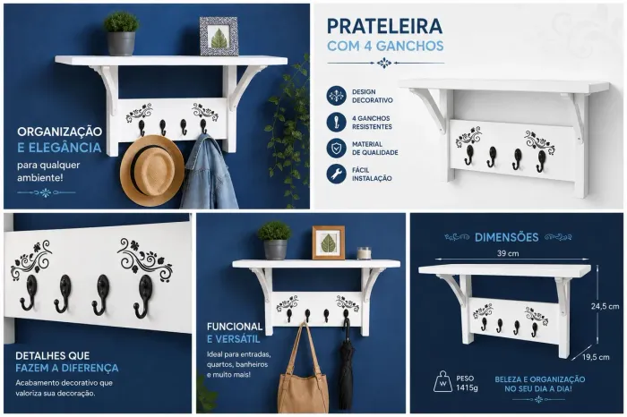 Prateleira Decorativa com 4 Ganchos - Organização e Estilo para sua Casa!