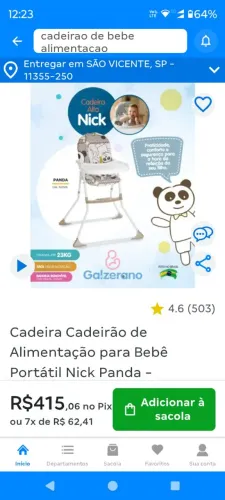 Cadeira alimentação de criança