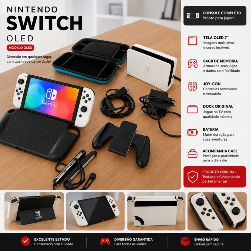 Nintendo Switch OLED 64GB Usado Excelente Estado + Controles e Cabos