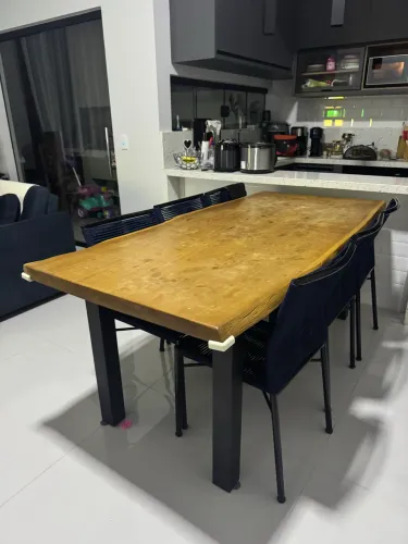 Mesa de Jantar em Madeira Maciça com 6 Cadeiras de Corda Náutica Azul