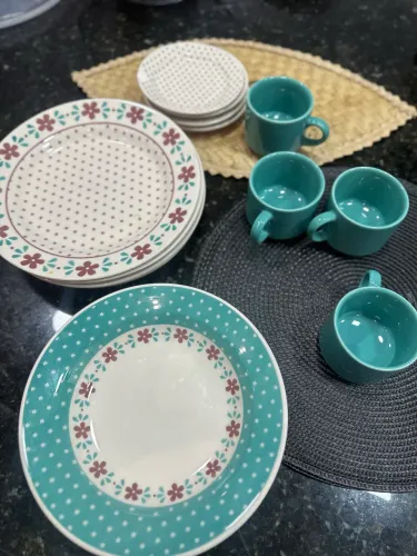 Aparelho de Jantar e Chá 20 Peças Biona de Cerâmica Redondo Branco e Azul Clar
