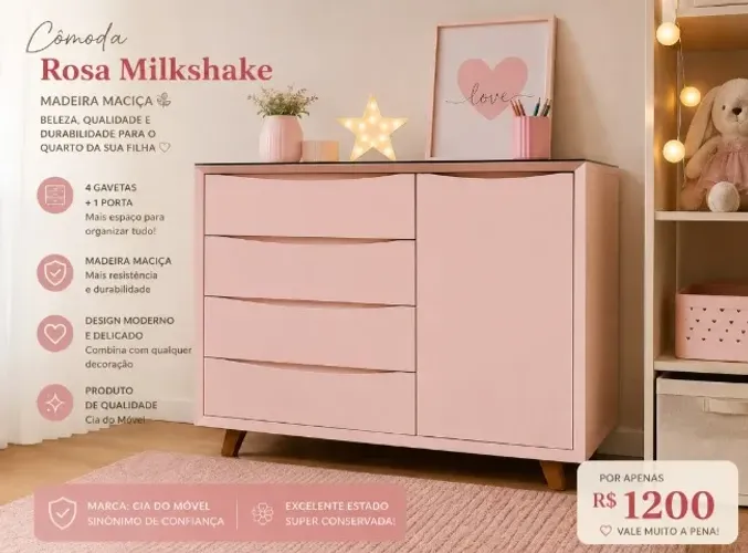 Cômoda cia do movel rosa milkshake em ótimo estado!