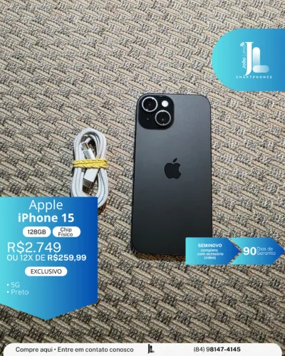 IPHONE 15, 5G, 128GB, CHIP FÍSICO, PRETO, SEMINOVO, EXCLUSIVO!