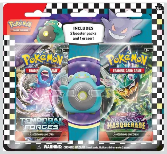 Pokémon TCG blister (1 borracha e 2 pacotes booster)