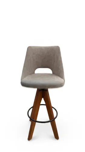 18 - Banqueta Giratória 70cm | Assento Estofado Cinza | Base em Madeira com Apoio de Aço
