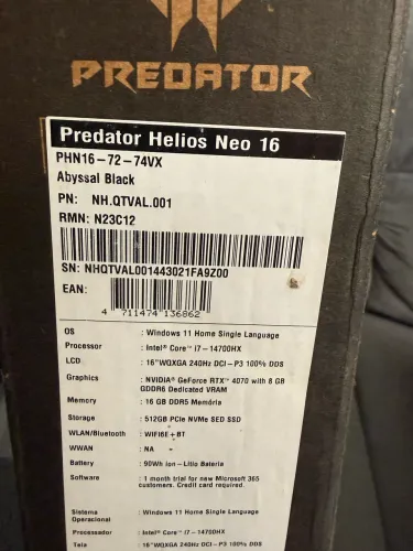 Notebook Acer Predator Neo 16 Rtx 4070