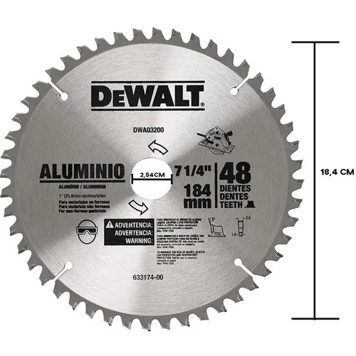 Disco Lâmina de Serra Circular para Alumínio 7.1/4 Polegadas 184mm x 48 Dentes Dewalt