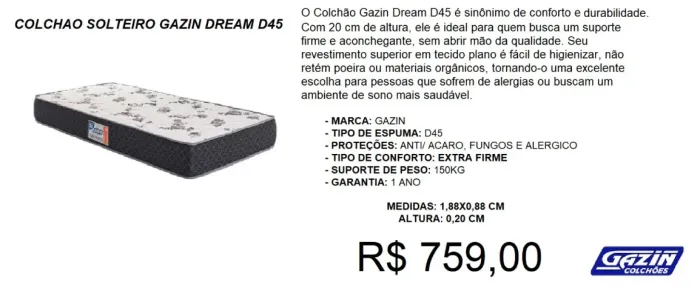 COLCHÃO GAZIN D45  20CM ALTURA A PRONTA-ENTREGA 