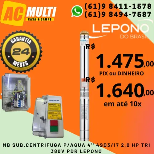 BOMBA PARA POÇO ARTESIANO CANETA PALITO 4'' 4SD3/17 2,0 HP TRI 380V PDR LEPONO