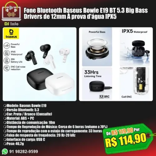 Fone Bluetooth Baseus Bowie E19 BT 5.3 Big Bass Drivers de 12mm À prova d'água IPX5