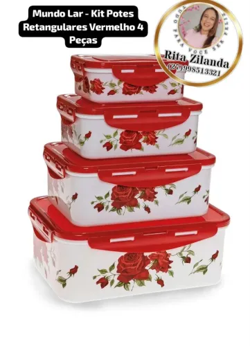 Mundo Lar - Kit Potes Retangulares Vermelho 4 Peças