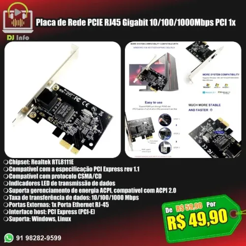 Placa de Rede PCIE RJ45 Gigabit 10/100/1000Mbps PCI 1x