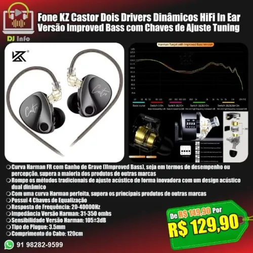 Fone KZ Castor Dois Drivers Dinâmicos HiFi In Ear Improved Bass Chaves de Ajuste Tuning
