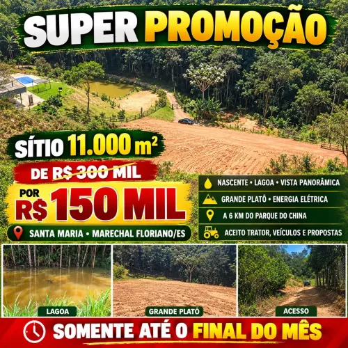 Área nobre-SUPER PROMOÇÃO! SÍTIO 11.000m² DE R$300 MIL POR R$150 MIL EM MARECHAL FLORIANO<br>