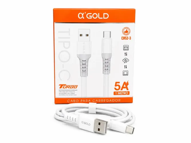 Cabo Carregador iPhone Lightning ou Tipo C Turbo 5A Carregamento Rápido 1 Metro A?Gold Pro