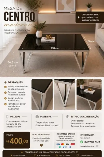 Mesa de centro de vidro preto piano