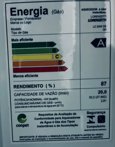 Aquecedor de agua Lorenzeti - gás GN 