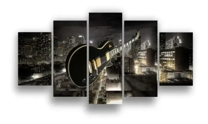 Quadro Decorativo Guitarra Preta Show Mosaico 5 Peças