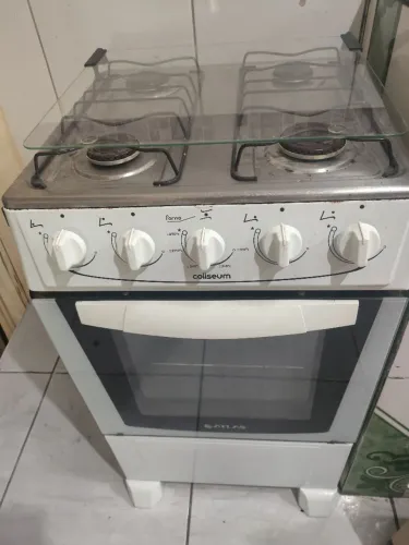 Fogão Atlas Coliseum 4 Bocas Branco Mesa Inox com Forno - Funcionando