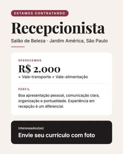 Vaga para Recepcionista de Salão de Beleza 