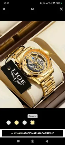 Relógio de luxo Lige mecânico dourado masculino moda