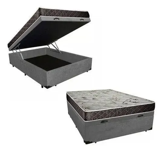 Colchão Casal Molas Ensacadas + Cama Box Baú Cinza Suede