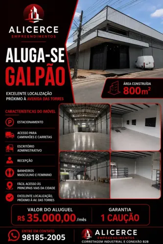 ALUGA-SE GALPÃO NOVO  800m² | PARQUE DAS LARANJEIRAS / PRÓXIMO À AV. TORRES