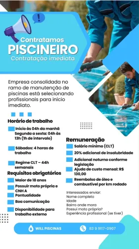 Vaga para piscineiro ( contratamos sem experiência)