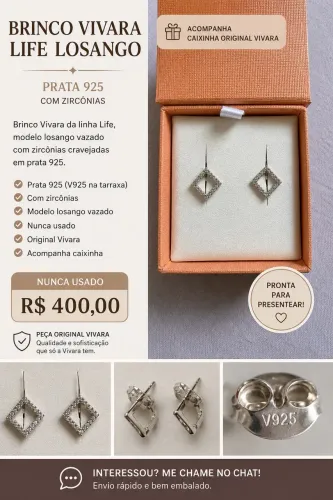 Brinco Vivara Life Losango Prata 925 Com Zircônias Original C/ Caixa