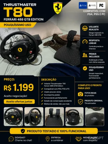 Volante Thrustmaster T80 Ferrari 488 GTB PS4/PS5/PC Pouquíssimo Uso