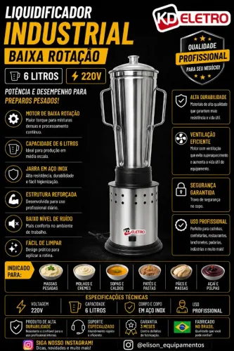 Liquidificador industrial 6 litros baixa rotação 