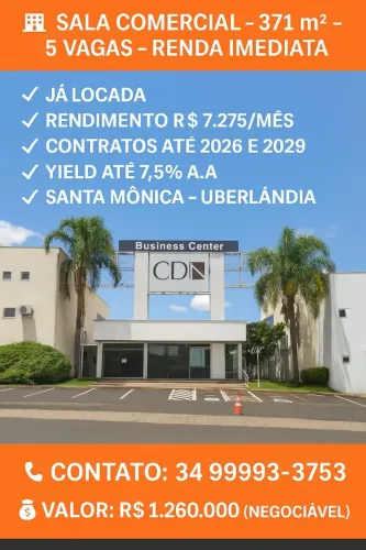 SALA COMERCIAL 371 M2 - LOCADA - RENDA MENSAL IMEDIATA - SANTA MONICA / UBERLANDIA