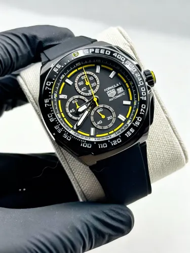 Relógio Tag H. F1 Preto e Amarelo Cronógrafo Funcional Pulseira Silicone Premium