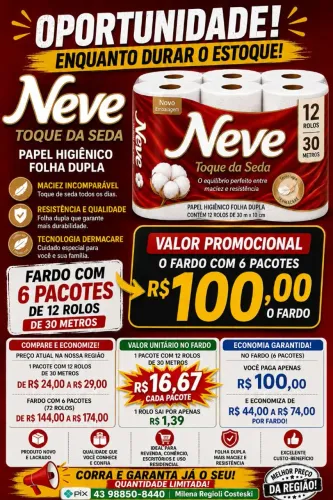 PAPEL HIGIÊNICO NEVE TOQUE DA SEDA - PREÇO DE ATACADO EM LONDRINA E REGIÃO