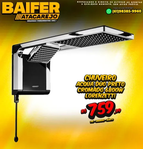 Chuveiro Acqua Duo Preto Cromado 6800w Lorenzetti