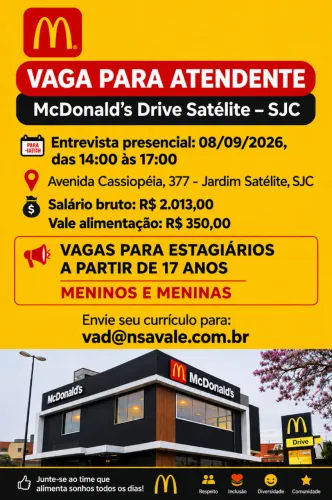 Vaga para Atendentes, estagiário e jovem aprendiz - Mc Donald's Satélite SJC