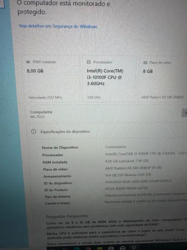 Pc gamer core i 3 décima geração 8 gb de memória rx580