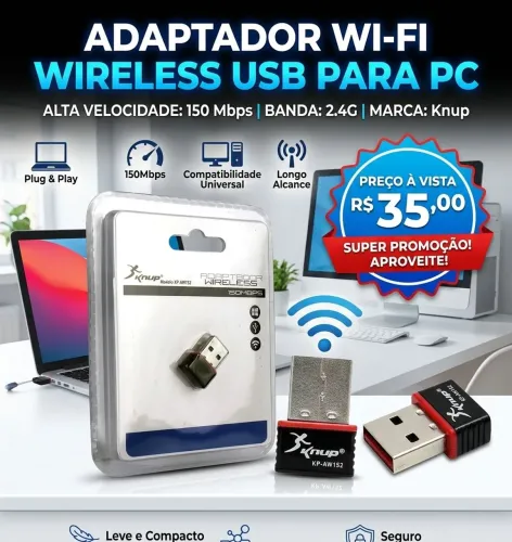 Adaptador Wi-Fi Wireless USB Para Pc, 2.4G, 150 Mbps - Knup KP-AW155