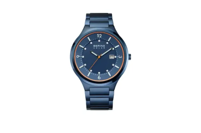 Relógio masculino Bering Solar azul em aço inoxidável, 42 mm