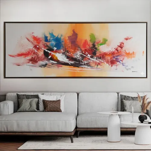 Quadro pintado Abstrato laranja é branco