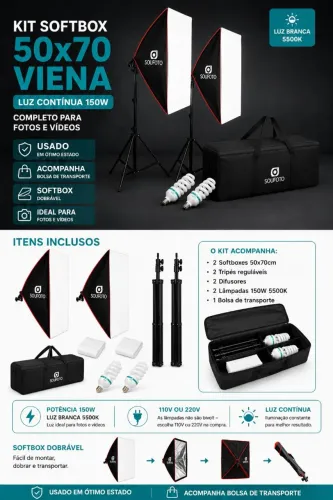 Kit Softbox 50x70 Luz Contínua 5500K Completo p/ Foto e Vídeo