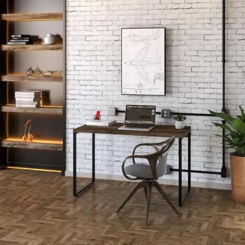 Mesa para Escritório Office Industrial 1,20m Carvalho Dark com Estrutura Preta