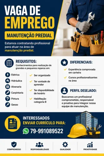 Vaga de emprego para profissional da área de manutenção predial.