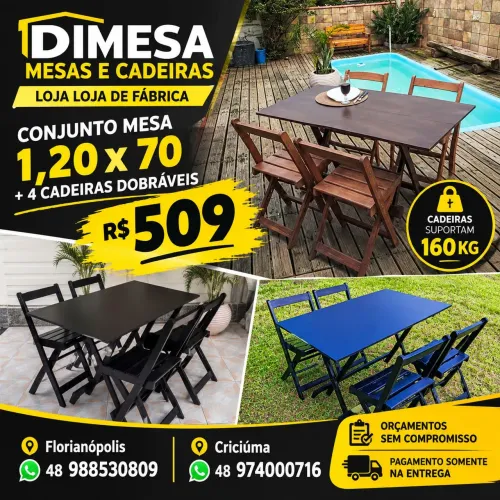 Jogo mesa 1,20x70 4 cadeiras dobráveis preta ou marrom