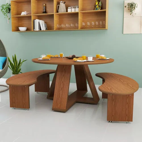 Conjunto de mesa redonda com dois bancos curvos